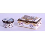 AN 18TH CENTURY BATTERSEA BILSTON ENAMEL PILL BOX together with a 19th century German box. 4 cm &