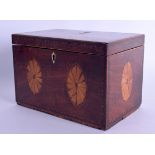 A GEORGE III MAHOGANY RECTANGULAR TEA CADDY decorated with fan shaped motifs. 17 cm x 11 cm.