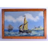 A VICTORIAN REVERSE PAINTED GLASS MARITIME PANEL depicting a boat in full sail leaving a port. Image