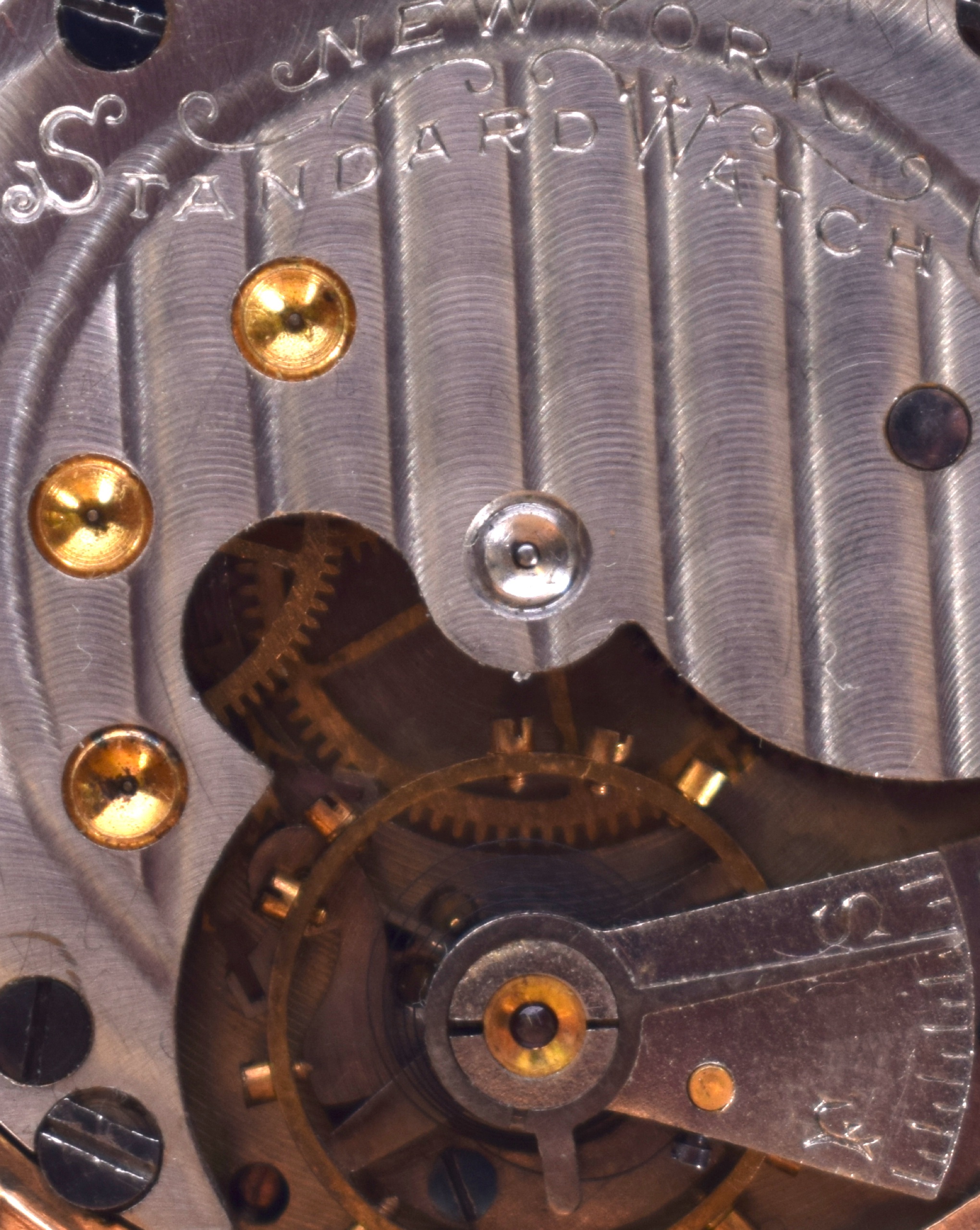 A NEW YORK STANDARD WATCH CO. YELLOW METAL POCKET WATCH, the case engraved with birds amongst - Image 4 of 4