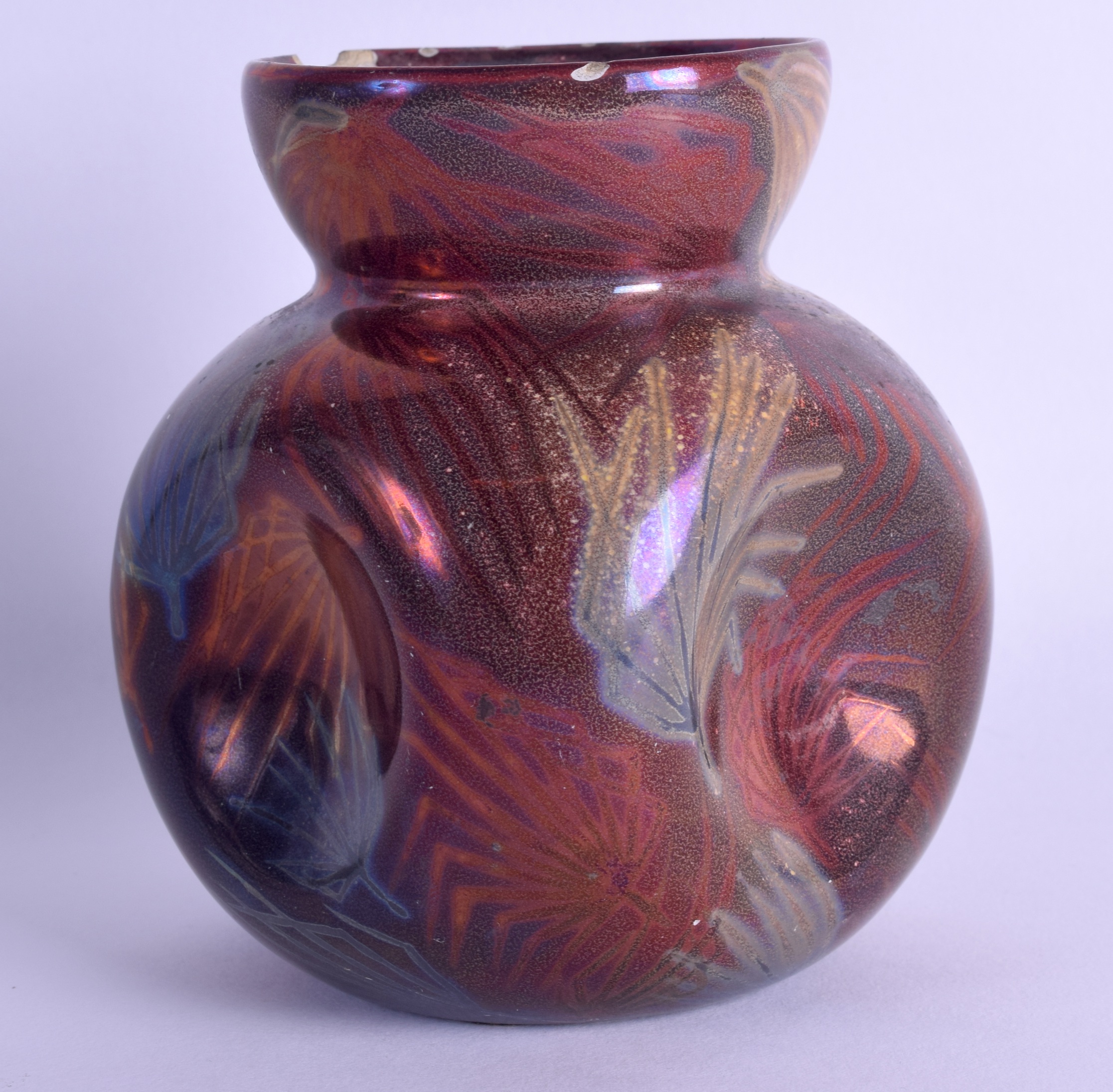 A FRENCH CLEMENT MASSIER LUSTRE VASE with dimpled body, painted with foliage. 11.5 cm x 8 cm. - Image 2 of 4