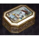 A 19TH CENTURY CONTINENTAL PAINTED IVORY RECTANGULAR BOX depicting figures within an interior. 9.5