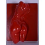 A STYLISH CRIMSON RED ABSTRACT NUDE POTTERY PLAQUE OR PANEL, formed as a female with shapely