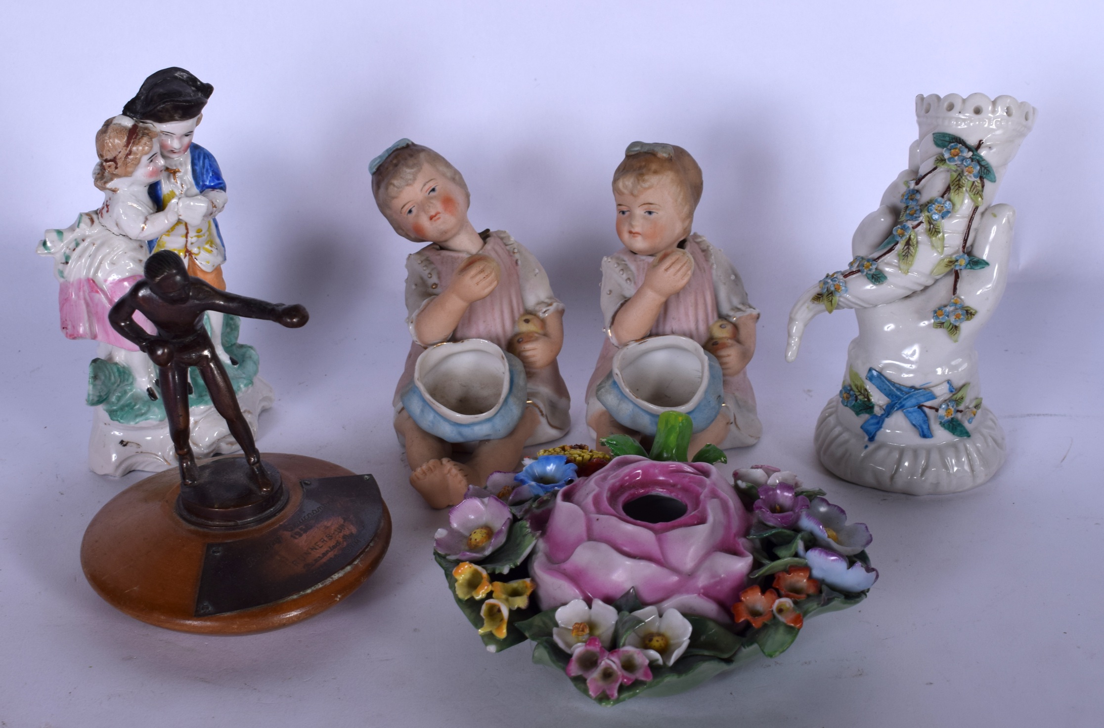 A PAIR OF BISQUE NODDING FIGURES together with a boxing trophy, German inkwell etc. (6)