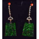 A PAIR OF 18CT GOLD DIAMOND CORAL AND JADE EARRINGS. 6.5 cm long.