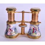 A LOVELY PAIR OF LATE 19TH CENTURY SWISS BRASS AND ENAMEL OPERA GLASSES painted with figures