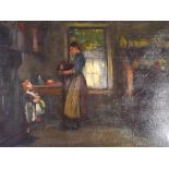 JOHN HOUSTON (1856-1932), framed oil on board, mother and child in an interior. 34 cm x 44 cm.