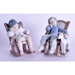 A PAIR OF LLADRO PORCELAIN FIGURES OF SLEEPING CHILDREN modelled upon chairs. 14 cm high.