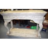 A 19TH CENTURY FRENCH PAINTED CHATEAU CONSOLE TABLE, with curving cabriole legs and clawed and