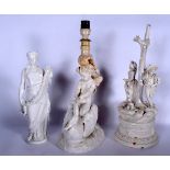 A WHITE GLAZED PORCELAIN FIGURE OF A STANDING FEMALE, together with a figural lamp and another