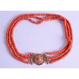 AN 18CT GOLD MOUNTED CORAL NECKLACE. 66 grams. Each strand 36 cm long, each bead 0.4 mm wide.
