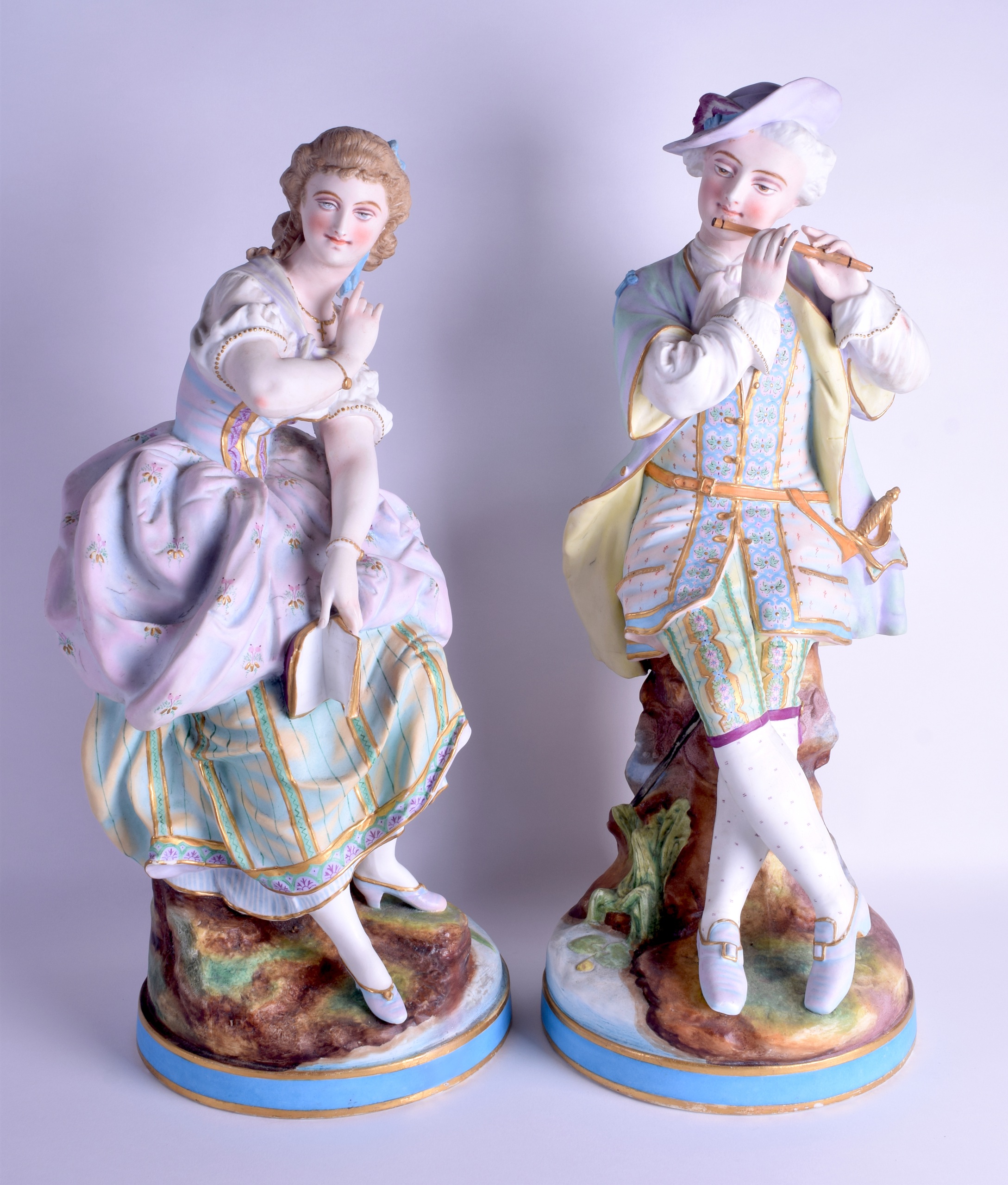 A LARGE PAIR OF 19TH CENTURY FRENCH BISQUE PORCELAIN FIGURES modelled as a male and musician and - Image 2 of 6