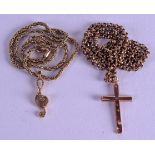 A 9CT GOLD CROSS on chain, together with a 9ct gold chain with musical note pendant. 14.9 grams. (