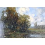 ENGLISH SCHOOL (19th/20th century), framed oil on board, a figure beside a lake in a landscape. 23