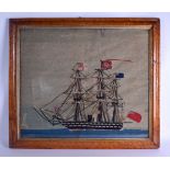 AN EARLY VICTORIAN FRAMED SAILORS MARITIME WOOLWORK depicting a boat in full sail. Image 60 cm x