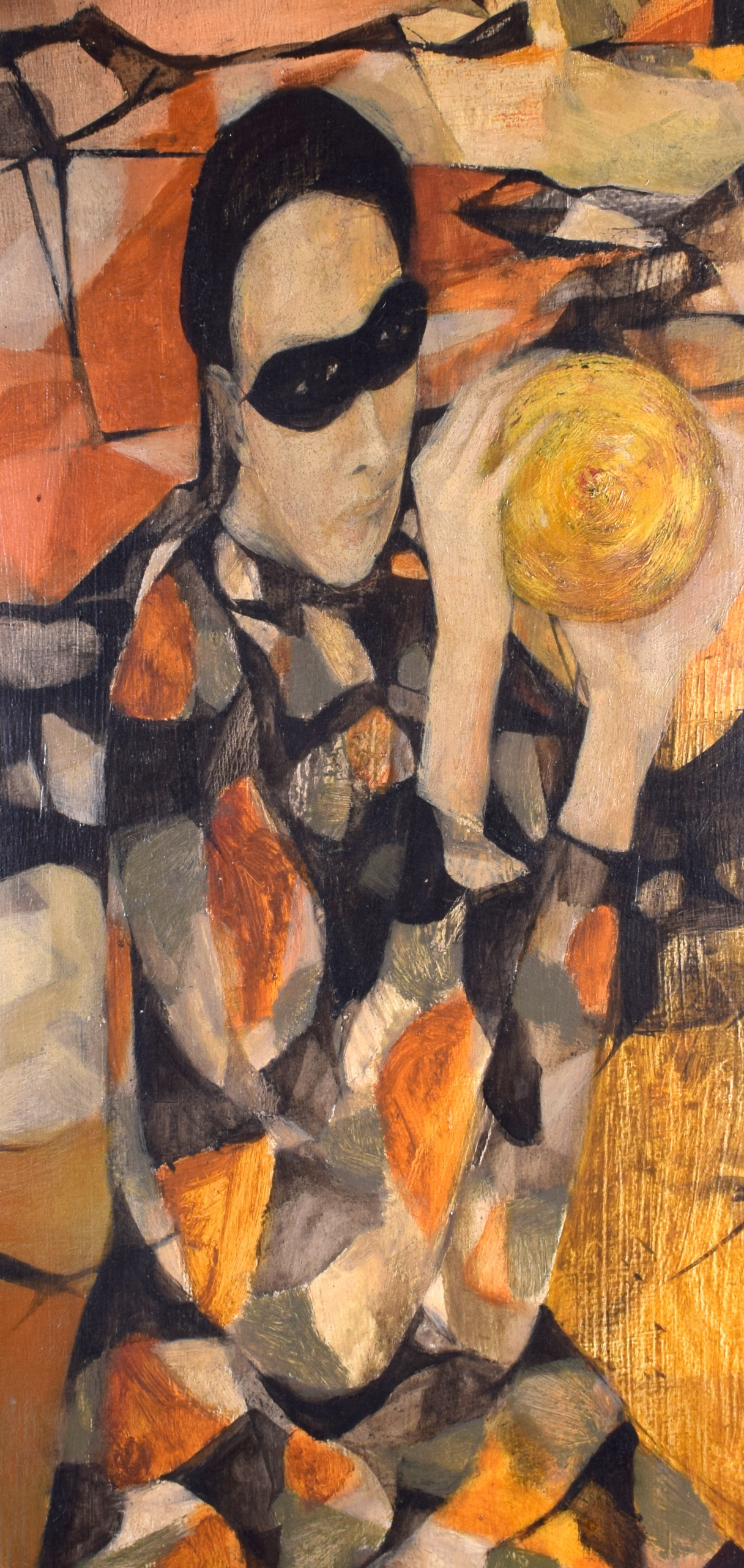 SCOTTISH SCHOOL (C1950), framed oil on panel, abstract Harlequin holding a sphere, inscription - Bild 4 aus 6