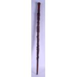 A RARE 18TH CENTURY EUROPEAN CARVED YEW WOOD FOLK ART WALKING CANE possibly Irish, decorated with