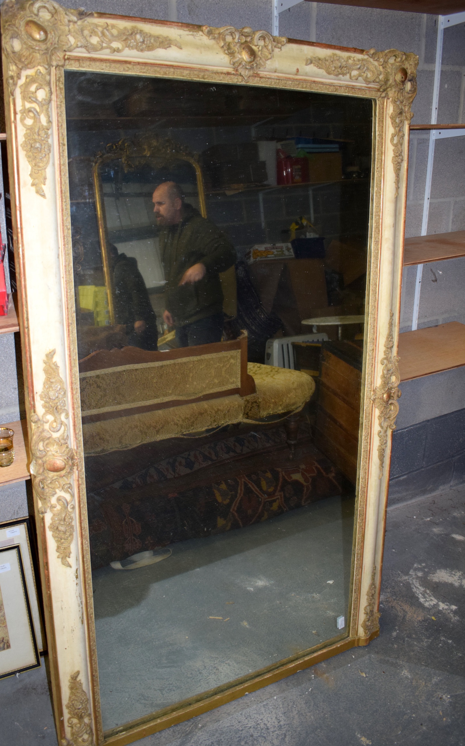 A 19TH CENTURY FRENCH PAINTED MIRROR, with acanthus capped corners. Provenance Shillingley Court.