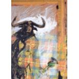 CIRCLE OF KOSTIS GEORGIOU (b. 1956, Greek), framed abstract mixed media on paper, a minotaur holding