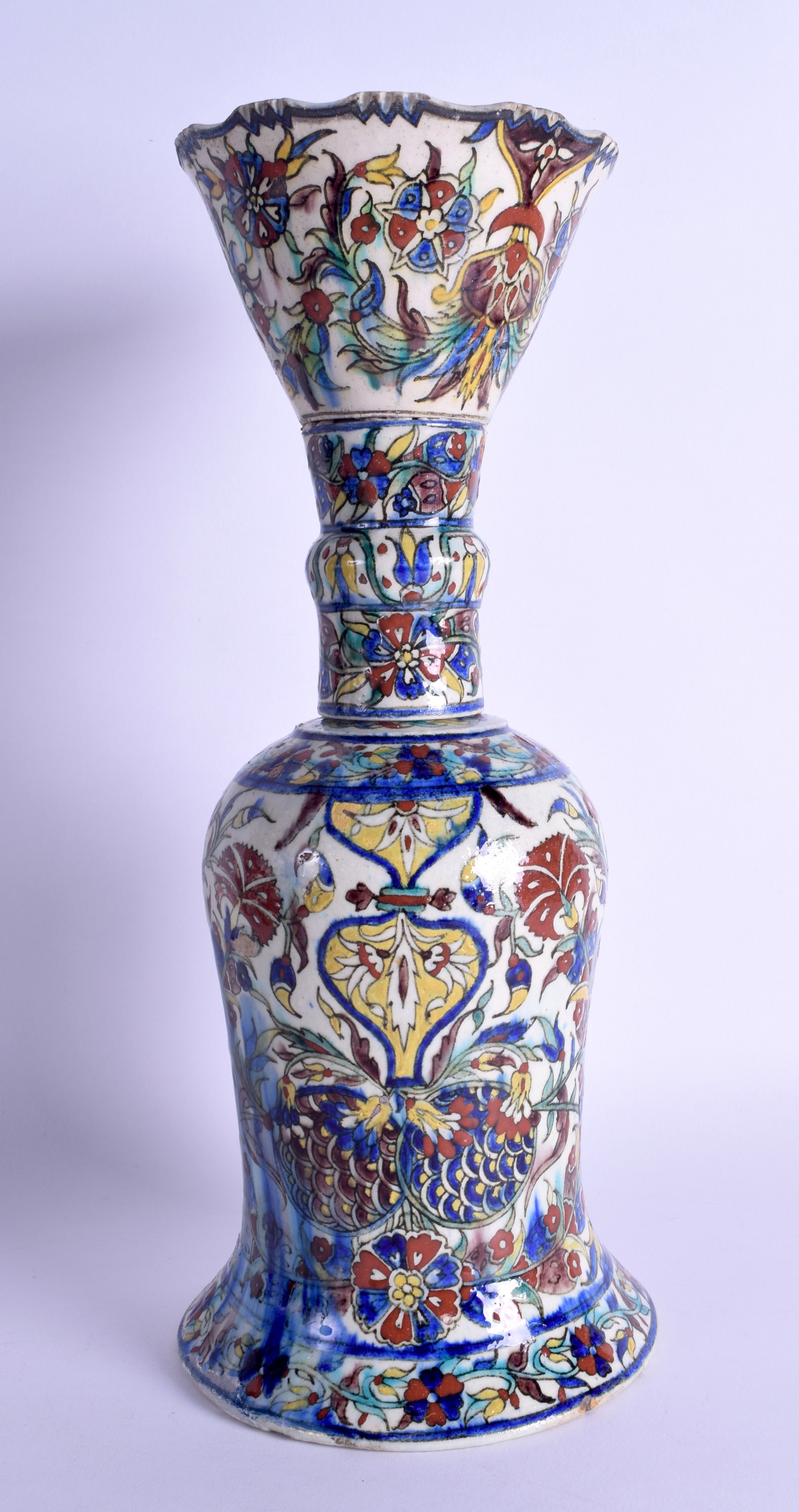 A RARE 19TH CENTURY PALESTINE JERUSALEM FAIENCE POTTERY HOOKAH BASE painted with floral sprays and - Image 2 of 3