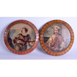 A PAIR OF LATE 19TH CENTURY ITALIAN PAINTED WOODEN PLAQUES depicting gypsy females within
