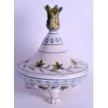 A 19TH CENTURY FRENCH FAIENCE TIN GLAZED BOWL AND COVER with floral candle holder and inkwells to