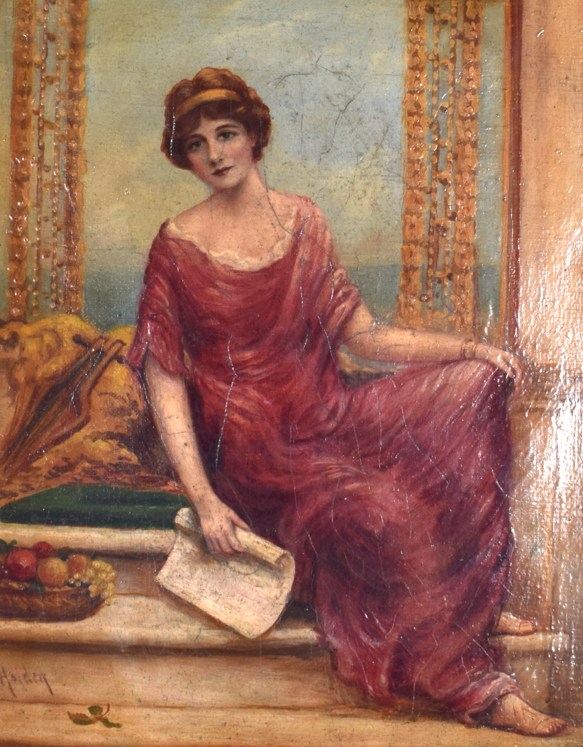 VAN HOLDEN (European), framed oil on canvas, signed, a female seated beside a basket of fruit. 29.