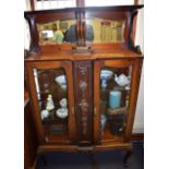 AN EDWARDIAN MAHOGANY DISPLAY CABINET, decorated with flowers. 92 cm x 60 cm.