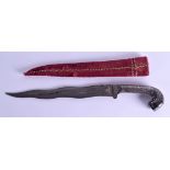 A 19TH CENTURY MIDDLE EASTERN SILVER INLAID DAGGER with leopard head terminal and niello decoration.