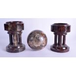 A PAIR OF 19TH CENTURY CONTINENTAL CARVED BLOODSTONE FONTS together with a marble ball. Font 14 cm