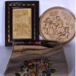 A PLASTER PLAQUE DEPICTING FIGURES IN AN INTERIOR, together with another, frame and embroidery. (