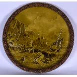 A LARGE EARLY 20TH CENTURY POTTERY PLAQUE OR PANEL, depicting boats in a coastal landscape. 49 cm