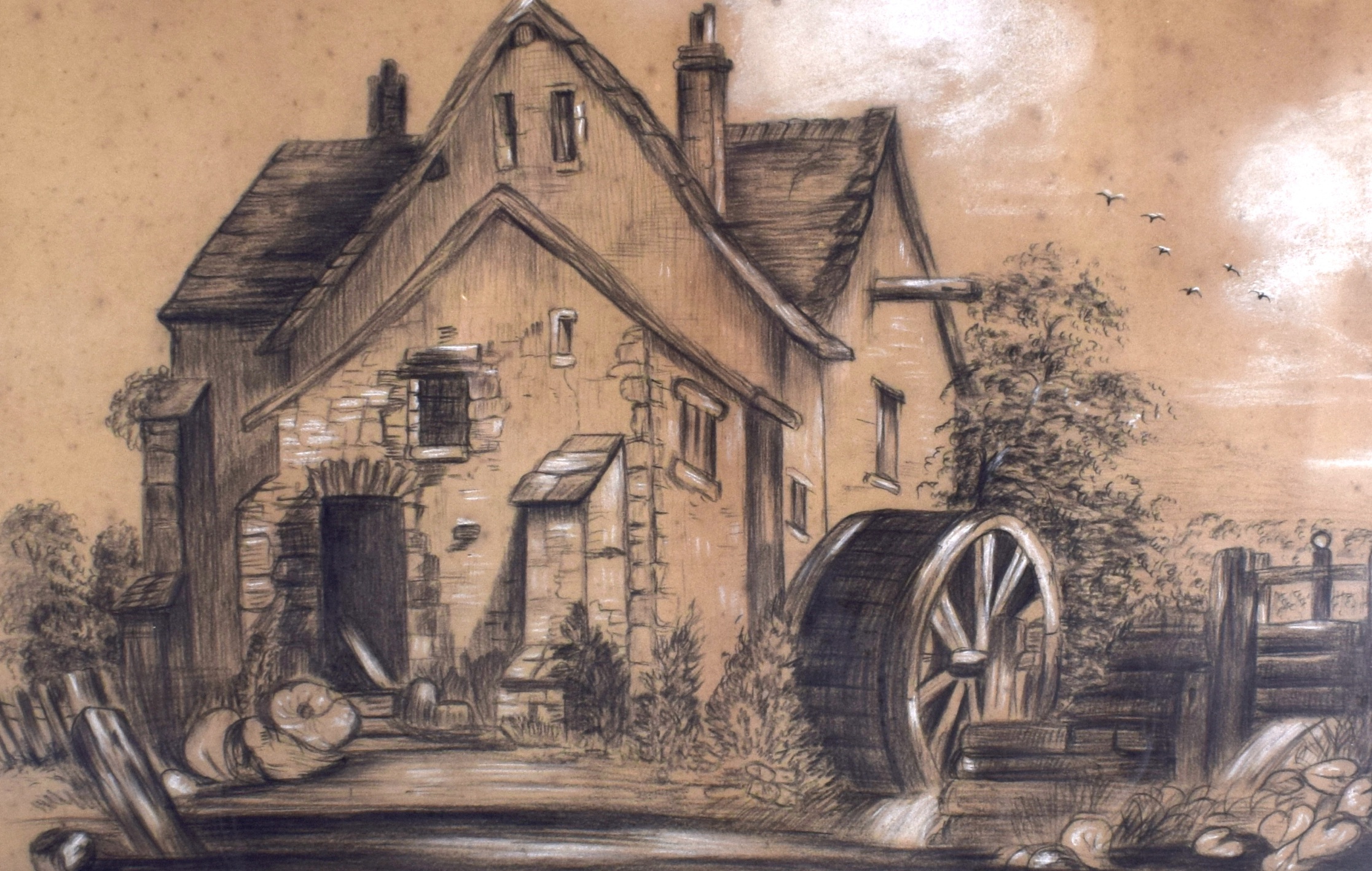 ENGLISH SCHOOL (20th century), framed charcoal & chalk, a building in a landscape, unsigned. 27 cm x
