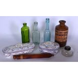 THREE VINTAGE GLASS BOTTLES, together with two porcelain boxes, stoneware bottle etc. (qty)