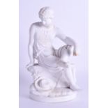 AN EARLY 19TH CENTURY PARIAN BISQUE GLAZED FIGURE OF A SEATED MALE possibly Sevres, modelled upon an