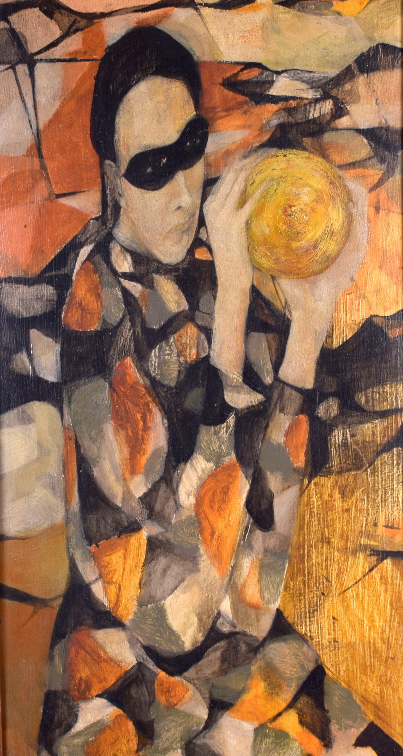 SCOTTISH SCHOOL (C1950), framed oil on panel, abstract Harlequin holding a sphere, inscription