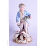 A 19TH CENTURY MEISSEN PORCELAIN FIGURE OF A MALE modelled feeding ducks. 13.5 cm high.