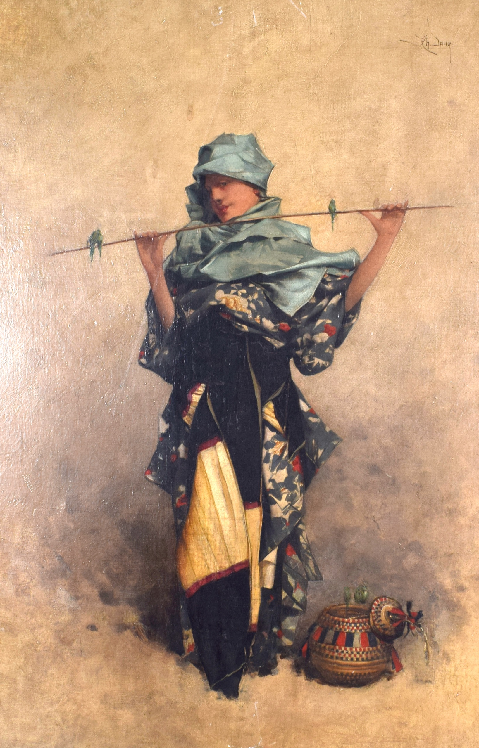 EDMOND-CHARLES DAUX (1855-1937), framed oil on canvas, signed, a female with a pole and budgerigars.