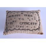 AN UNUSUAL GEORGE III BEADWORK PILLOW entitled 'Happy Time to Mrs Cathcart 1796'. 20 cm x 14 cm.