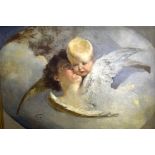 EUROPEAN SCHOOL (Early 20th century), framed oil on canvas, signed, two cherubs in flight. 74 cm x