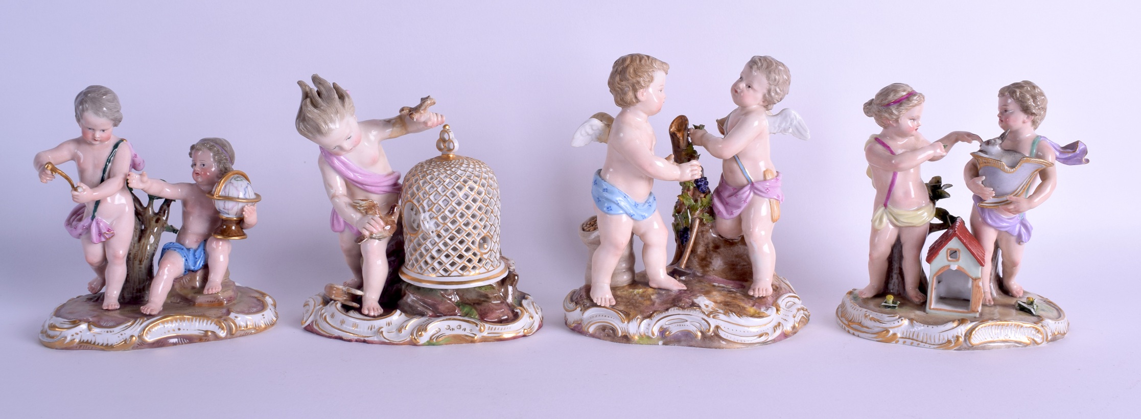 A SET OF 19TH CENTURY MEISSEN PORCELAIN FIGURAL GROUPS modelled in various forms. Largest 10 cm x 13