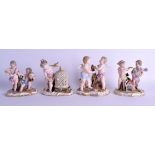 A SET OF 19TH CENTURY MEISSEN PORCELAIN FIGURAL GROUPS modelled in various forms. Largest 10 cm x 13