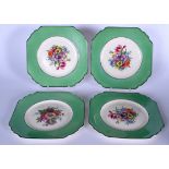 A SET OF FOUR ANTIQUE WEDGWOOD POTTERY LOBED DISH, with apple green border and decorated with floral