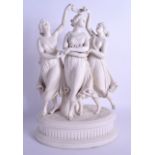A LARGE 19TH CENTURY PARIANWARE FIGURE OF THE THREE GRACES modelled upon an oval a base. 38 cm x