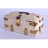 A RARE 18TH CENTURY SRI LANKAN CARVED IVORY TRAVELLING SCENT BOTTLE BOX with brass banding and