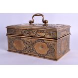 A 19TH CENTURY MIDDLE EASTERN INDIAN BRASS BOX AND COVER engraved with foliage and vines. 22 cm x 13