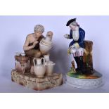 A ROYAL DUX TYPE PORCELAIN FIGURE OF A MALE PAINTING A VASE, together with another figure. Largest