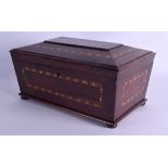 A MID 19TH CENTURY YEW WOOD INLAID TRIPLE DIVISION TEA CADDY decorated with motifs. 32 cm x 19 cm.