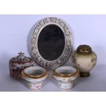 A ROYAL WORCESTER STYLE PORCELAIN VASE AND COVER, together with a mirror, sucrier and two others. (