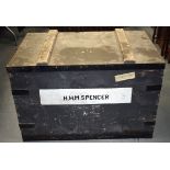 AN ANTIQUE TRAVELLING CHEST, "H.H.M Spencer", with metal mounts. 87 cm x 54 cm x 50 cm.